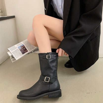 Sleek Biker-Style Buckle Mid-Calf Boots