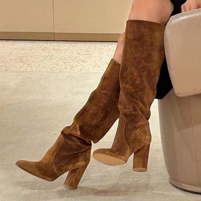 Elegant Suede Block Heel Knee-High Boots