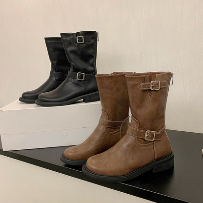 Sleek Biker-Style Buckle Mid-Calf Boots