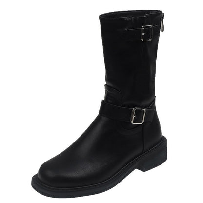 Sleek Biker-Style Buckle Mid-Calf Boots