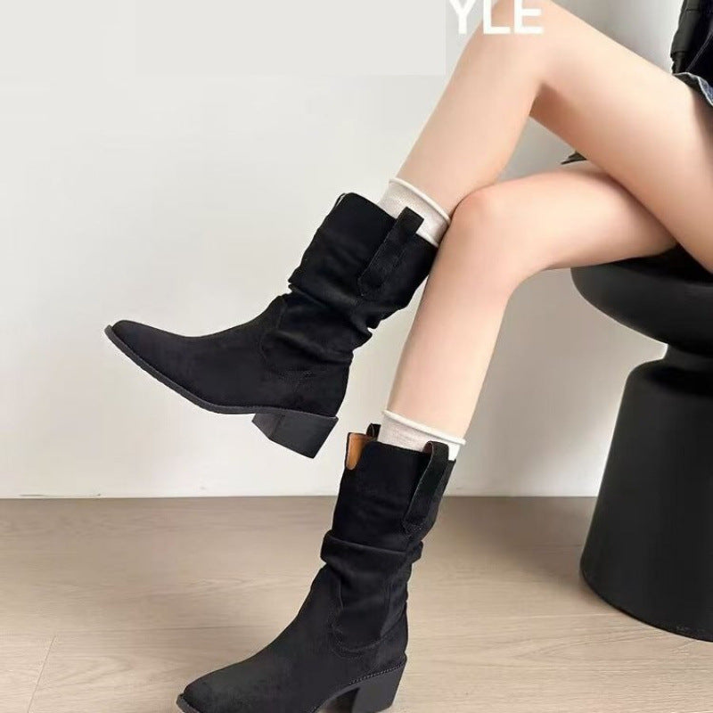 Black Suede Slouchy Western Boots
