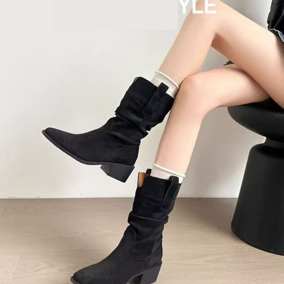 Black Suede Slouchy Western Boots