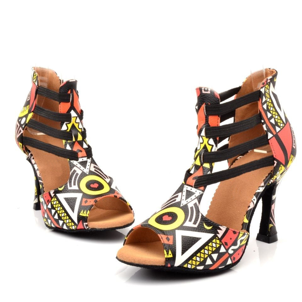 Vibrant Geometric Print Latin Dance Heels