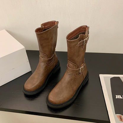 Sleek Biker-Style Buckle Mid-Calf Boots