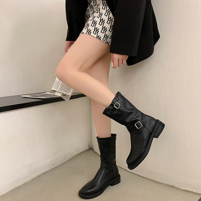Sleek Biker-Style Buckle Mid-Calf Boots