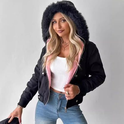 Cropped Bomber Jacket with Luxe Faux Fur Hood