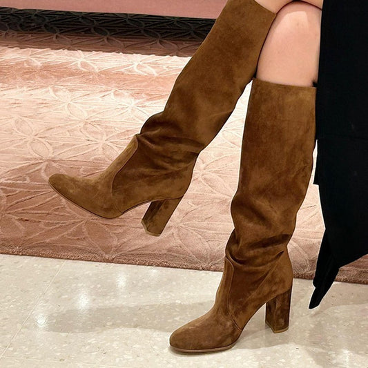 Elegant Suede Block Heel Knee-High Boots