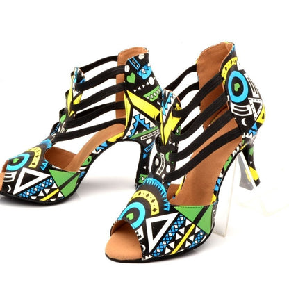 Vibrant Geometric Print Latin Dance Heels