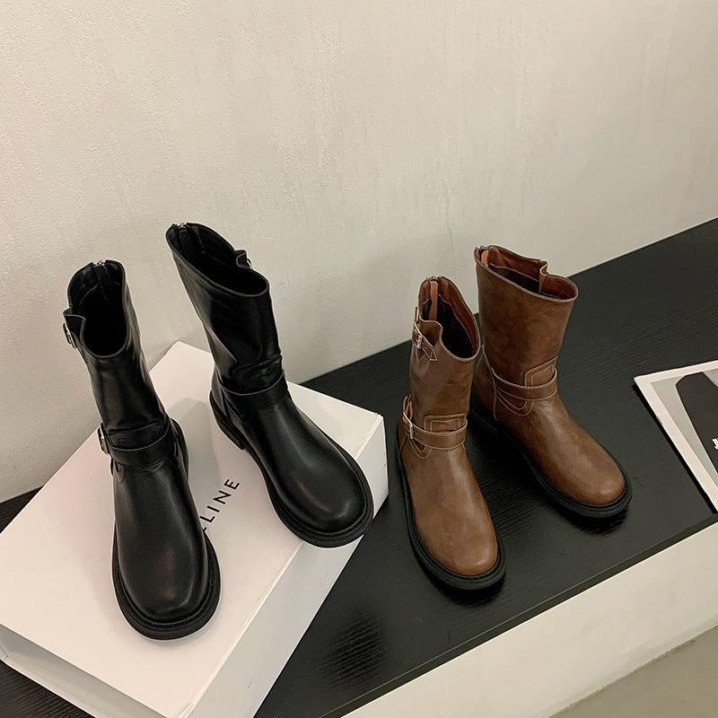 Sleek Biker-Style Buckle Mid-Calf Boots