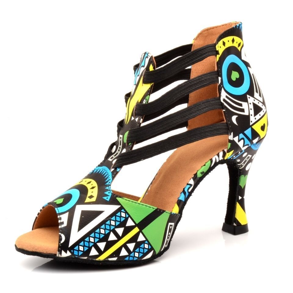 Vibrant Geometric Print Latin Dance Heels