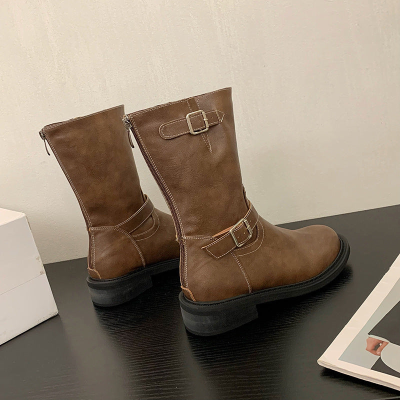 Sleek Biker-Style Buckle Mid-Calf Boots