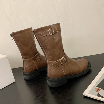 Sleek Biker-Style Buckle Mid-Calf Boots